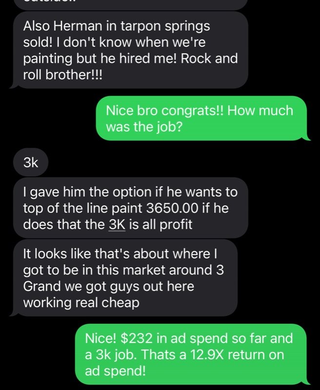 Text conversation: $232 in ad spend so far and a $3k job, a 12.9x return on ad spend
