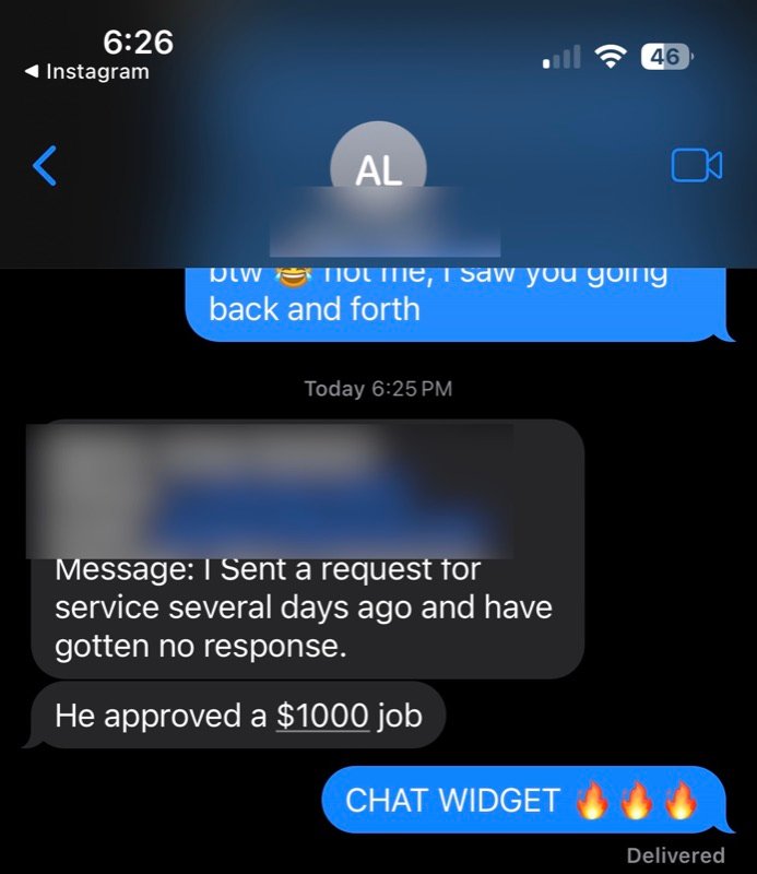 Text message: a lead from the website chat widget approved a $1000 job. Contact details blurred.